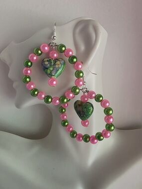 Pink & Green Heart Bead Hoop Earrings - Women Jewelry